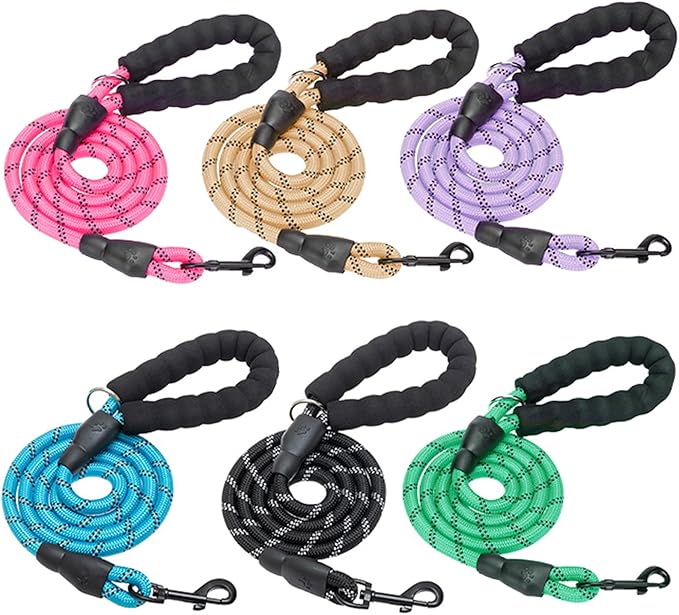 BEAUTYZOO Heavy Duty Rope Dog Leash 6 Pack, 6FT Nylon Pet Leash with Reflective Thread, Soft Padded Handle Thick Lead Leash for Large Medium Dogs Small Puppy, 1/2inch X 6 FT (18~120 lbs)