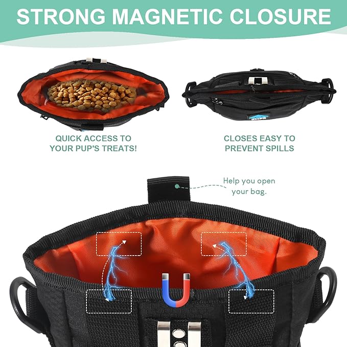 Dog Treat Pouch Magnetic Closure with Training Clicker，Hands-Free Design to Prevent Spills，Built in Poop Bag Dispenser，3 Ways To Wear，Metal Clip Waist Belt and Fanny Pack for Pet Walking（Black）