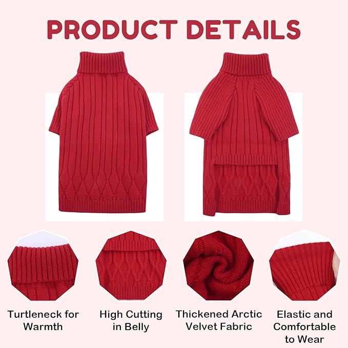 Large Breed Dog Sweaters, Warm Winter Fall Turtleneck Knitwear for Girls Boys, Christmas Sweater, Pet Sweatshirt Clothes Outfit for Great Dane, Doberman (Red XXXXL)