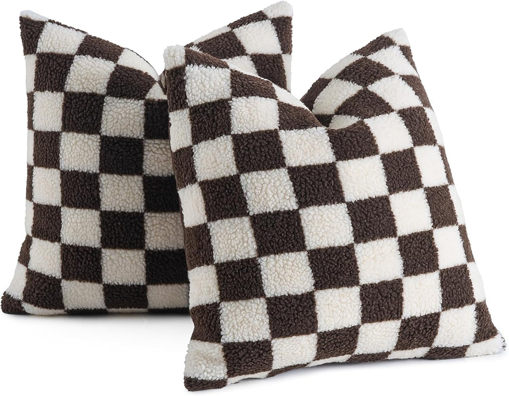 AmHoo Pack of 2 Decorative Throw Pillow Covers Checkerboard Luxury Super Soft Faux Fur Wool Set Case Cushion for Couch Sofa Bedroom 18 x 18-Inch Coffee