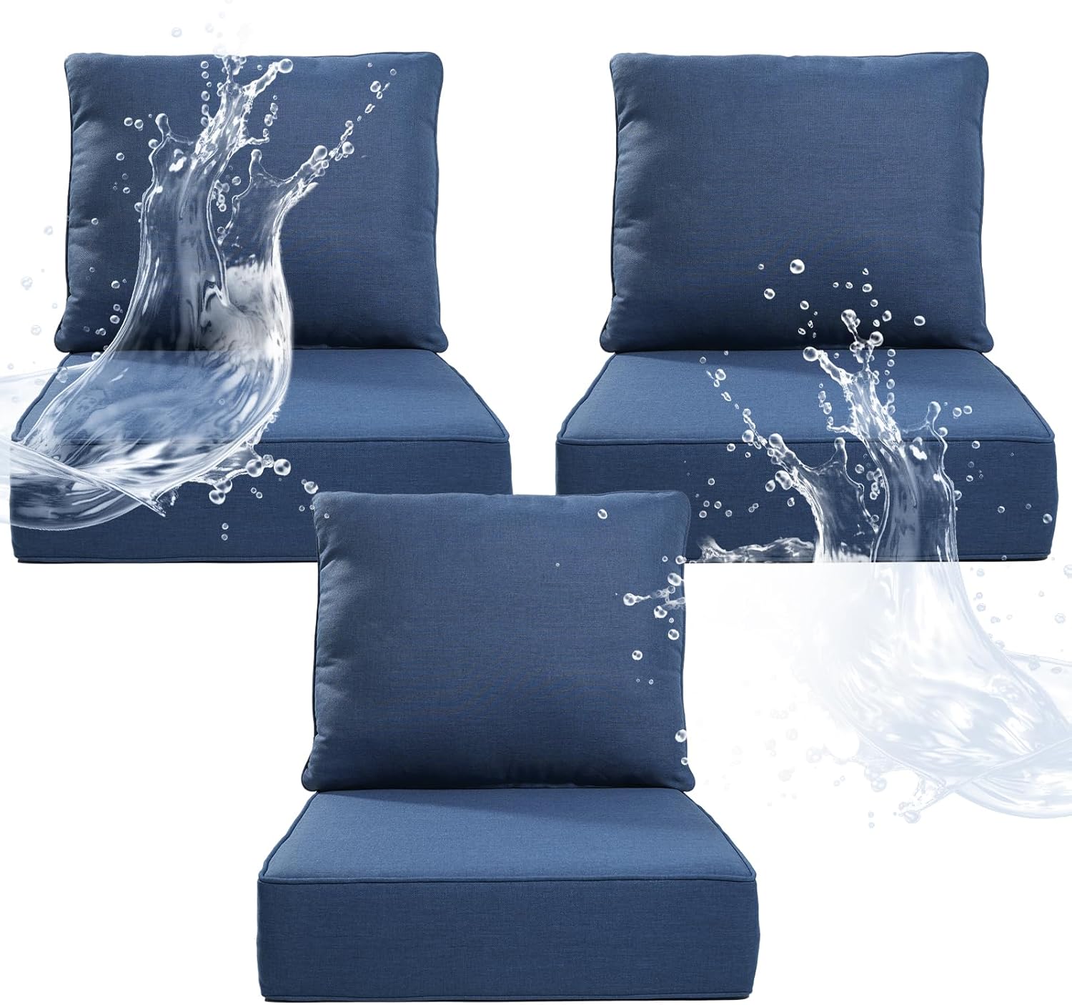6" Thicker Outdoor Chair Cushion 3 Sets - 24" *24" *6" Waterproof Patio Furniture Cushions with Removable Cover, 28D High Density Sponge Filling Thicken Outdoor Patio Cushions - Blue