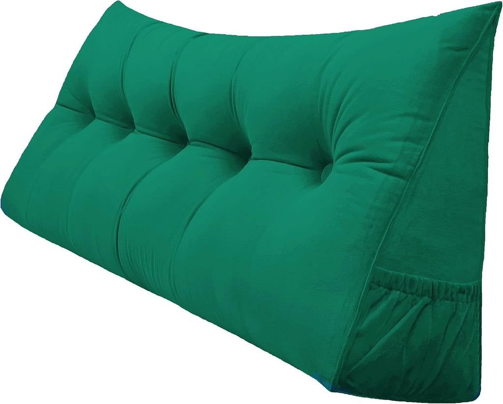 Triangular Reading Bed Rest Pillow Large Bolster Cushion Headboard Backrest Wedge Pillow with Removable Cover and Two Large Side Pockets (Green, California King: 71 x 8 x 20 inches)