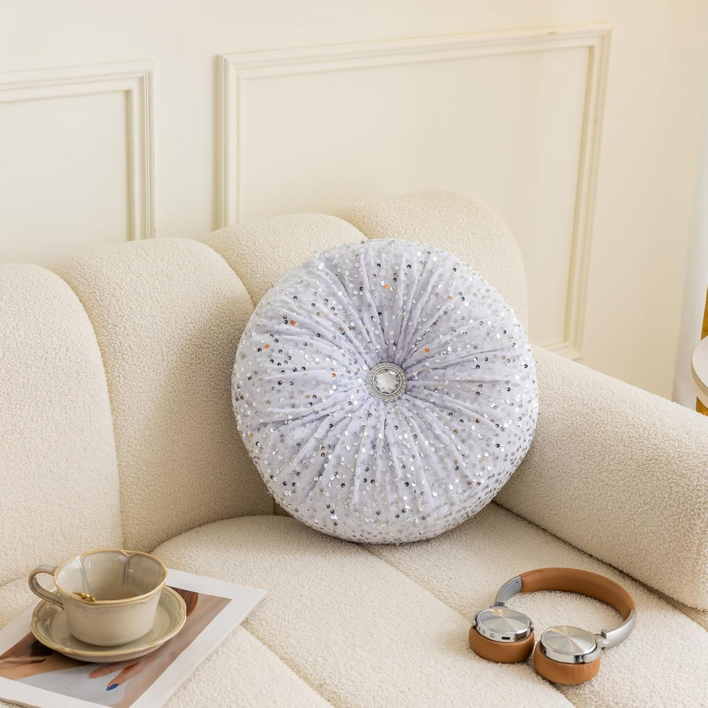 Round Throw Pillow, 13.7in Soft Solid Color Sequin Glitter Decorative Round Pillow Circle Floor Pillows Cushions for Sofa Bed Chair Living Room Floor Car Home Decoration, White