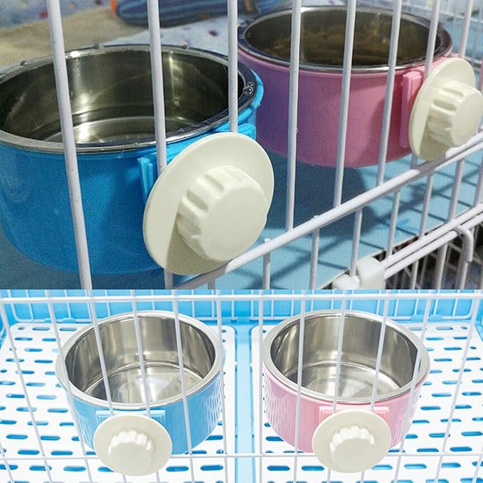 Crate Dog Bowl Removable Stainless Steel Water Food Feeder Bowls Cage Coop Cup for Cat Puppy Bird Pets (Large, Pink)