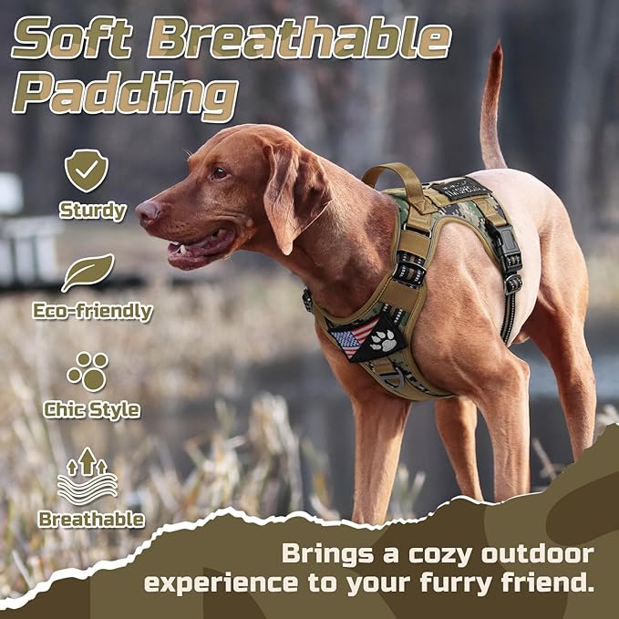 rabbitgoo Tactical Dog Harness for Large Dogs, No Pull Military Service Vest with Handle & Molle, Easy Control for Training Walking, Adjustable Reflective Straps, Brown camo, XL
