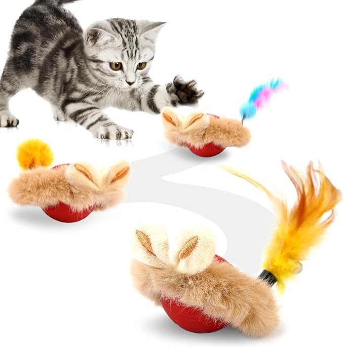 Cat Interactive Ball Toy with Feather, The Upgrade Agile Moving Cats Ball, Touching Automatic Moving for Bored Indoor Adult, 3-in-1 Pet Toy for Indoor