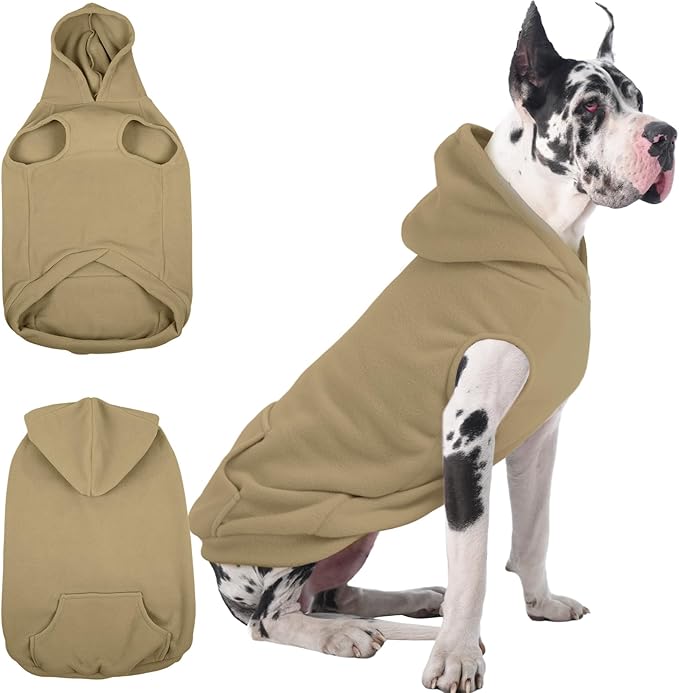 IECOii Warm Dog Hoodie for Large Dogs, Extra Large Dog Hoodie Fleece Vest with Leash Hole & Pocket, Big Dogs Sweatshirt for Giant Breed, Pullover Sleeveless Doberman, Great Dane Sweater, Khaki, 4XL