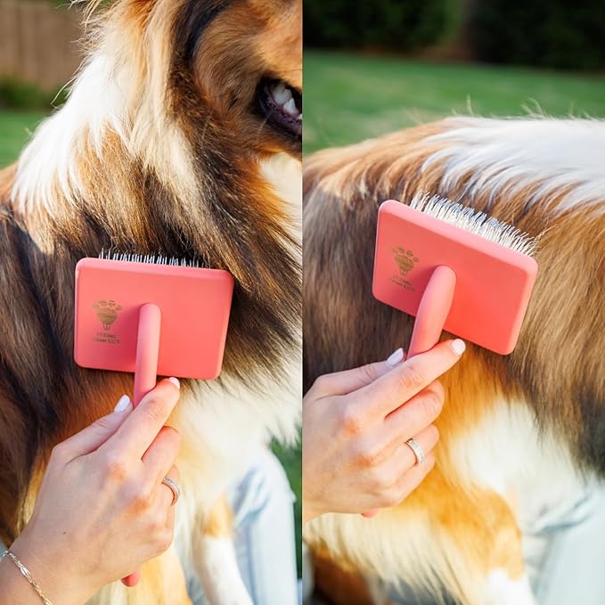 Pet Slicker Brush With Soft Massage Grooming Stainless Steel Pins - For Dematting, Shedding Fur, and Undercoat - Ideal Gift for Professional Pet Groomers - Long Slicker Brush - Flying Pawfect