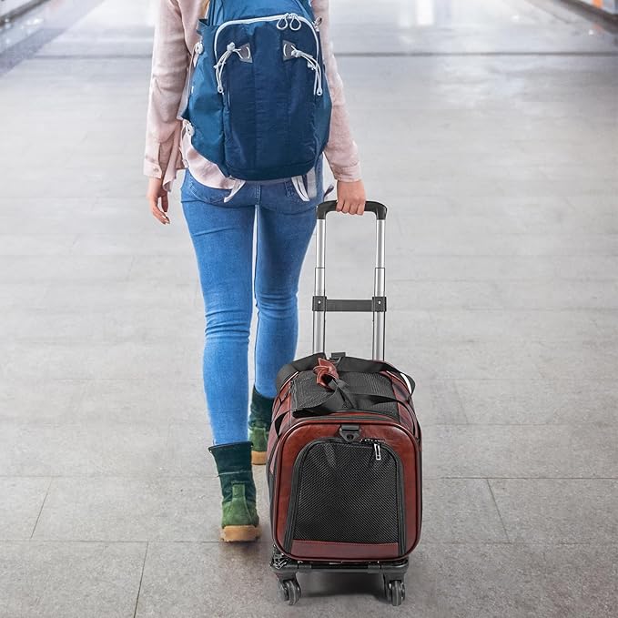 Airline Approved Pet Carrier with Wheels, Rolling Soft Sided Dog Cat Travel Bag, Premium Fashion Leather Small Pet Carrier Purse for Puppies and Cats Coffee