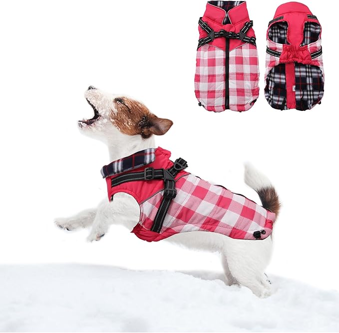 Dog Coat with Harness,Small Dog Winter Coat,Doggie Jackets with Built in Harness,Adjustable Warm Jacket for Medium Large Dogs,Pet Puppy Cold Weather Coats for Dogs Waterproof (PlaidPink, Small)