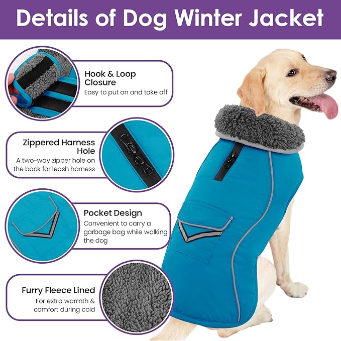 SUNFURA Large Dog Coat, Warm Dog Winter Coat Jacket with Thick Furry Collar, Adjustable Pet Fleece Jacket Turtleneck Snowsuit for Large Dogs for Chilly Day, Turquoise XL