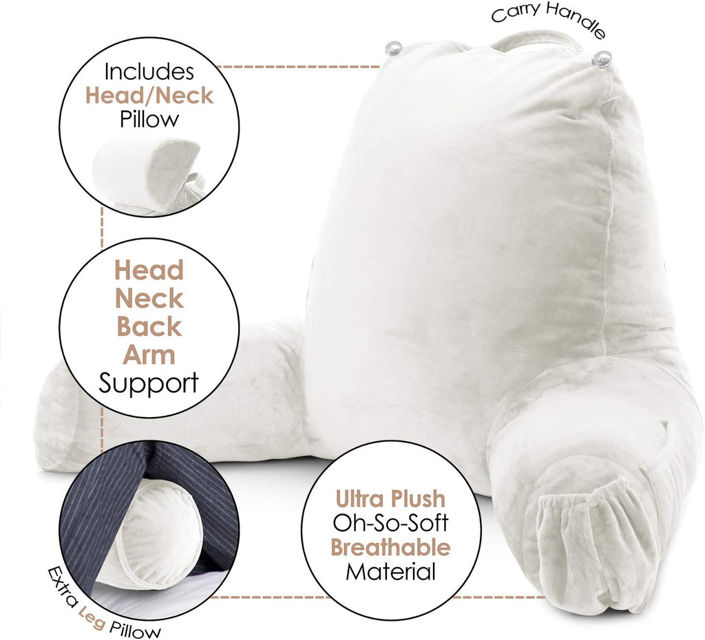 Nestl Reading Pillow with Shredded Memory Foam Includes 2 Neck and Lumber Support Pillows, Designed for Sitting Up in Bed and Couch, Back and Arms Adjustable Support for Adult & Teens, White