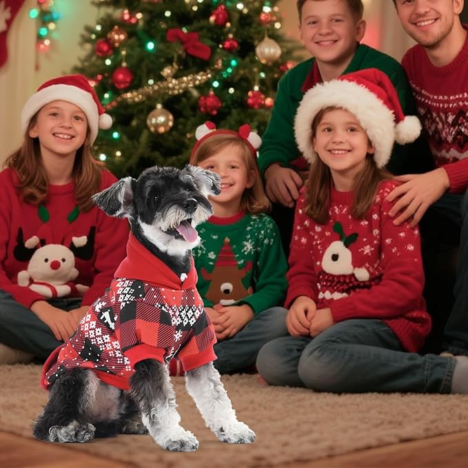 KOOLTAIL Christmas Dog Hoodie,Red Plaid Pet Clothes Sweater with Leash Hole&Pocket for Small Medium Large Dogs, Soft Winter Warm Dog Cold Weather Coat, Fleece Puppy Hooded Sweatshirt for Boys Girls, L