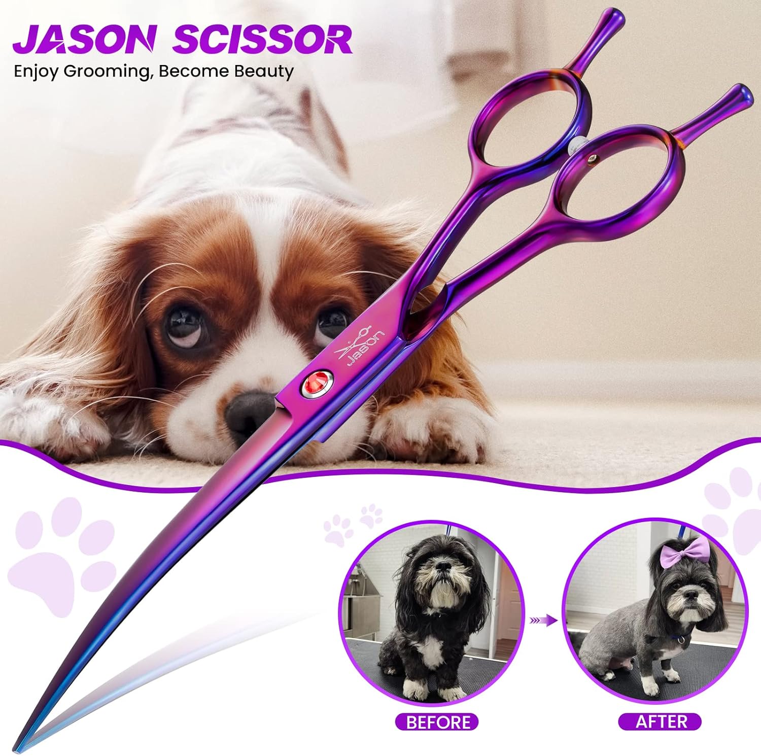 JASON 7.5" Dog Grooming Scissor - Professional Down-curved Shear with Ergonomic Handle Japanese Stainless Steel Trimming Scissor for Dogs, Cats and Other Pets, Sharp (Curved, Purple)