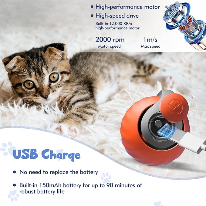 Interactive Cat Toys for Indoor Cats, Automatic Speedy Moving Cat Toy Turbo Ball with Tail 3.0 for Bored Indoor Adult Cats, Rechargeable Chase Motion Activated Kitten Toys - Orange