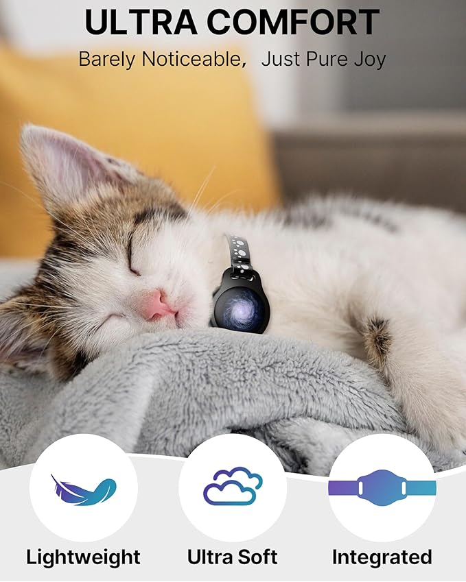 Cat Tracker Collar Waterproof Airtag Cat Collar with Finder Tag (iOS ONLY Not for Android Devices), Compatible with Apple Find My, Breakaway Tractive with Reflective Pattern & Bell, Black, 8-12"