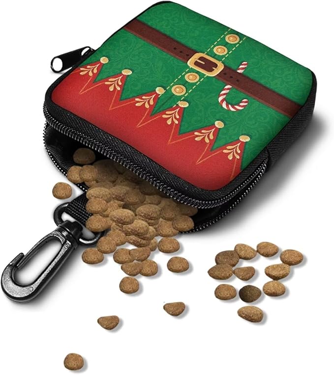 KEIAHUAN Christmas Treat Pouch for Dog Training Portable Pet Training Treat Bag with Metal Clasp & Carabiner, Pet Feed Snack Reward Pocket, Dog Poop Bag Holder, Small Coin Purse, Ugly Xmas Elf
