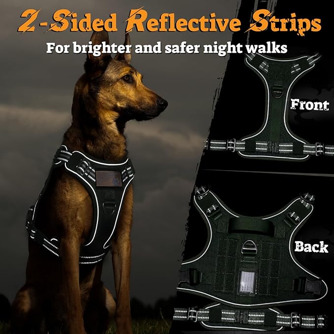 rabbitgoo Dog Harness for Large Dogs No Pull, Tactical Service Pet Vest with Molle and Control Handle, Adjustable and Reflective Military Harness for Easy Walking and Training, Green, L