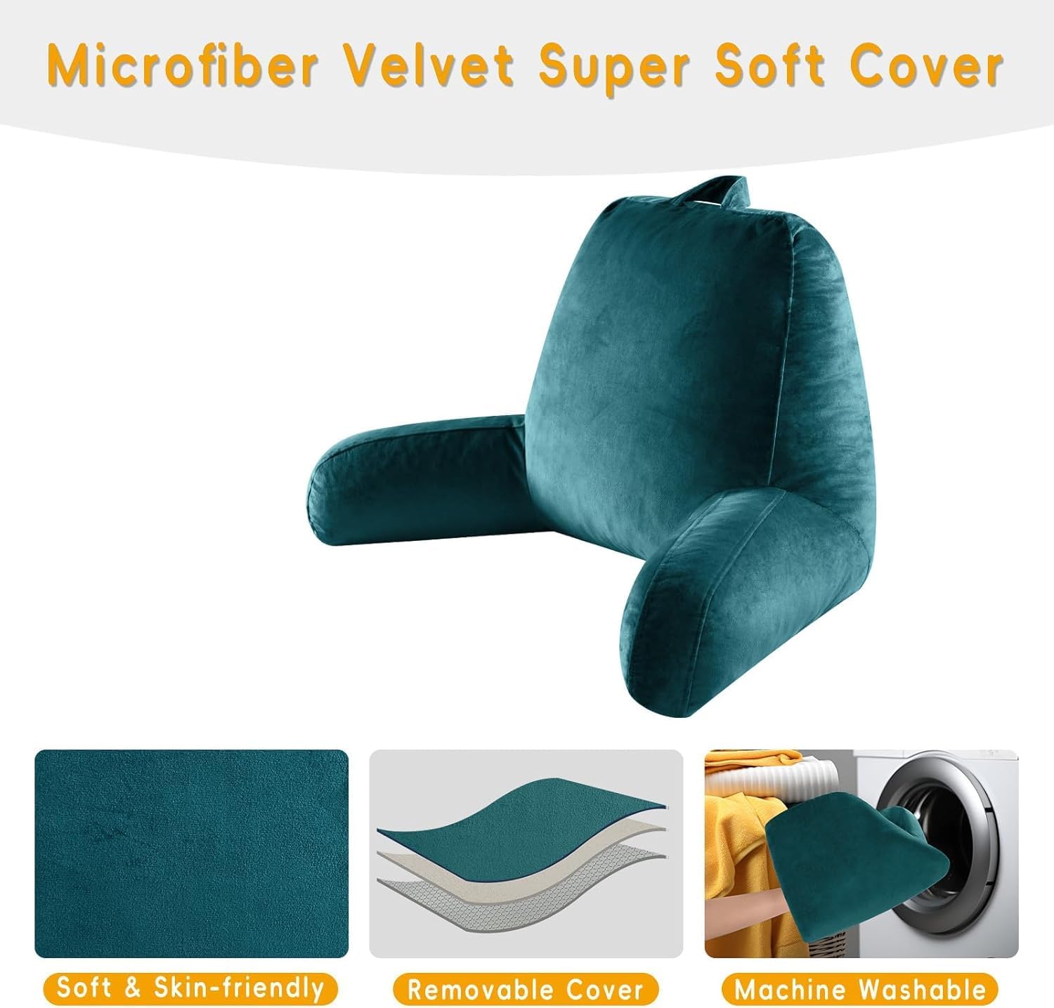 Reading Pillow for Sitting in Bed Adult, Reading Pillow with Shredded Memory Foam, Bed Pillow with Washable Cover, Back Pillow Sitting Up with Extend Arms, Prussian Blue, Large