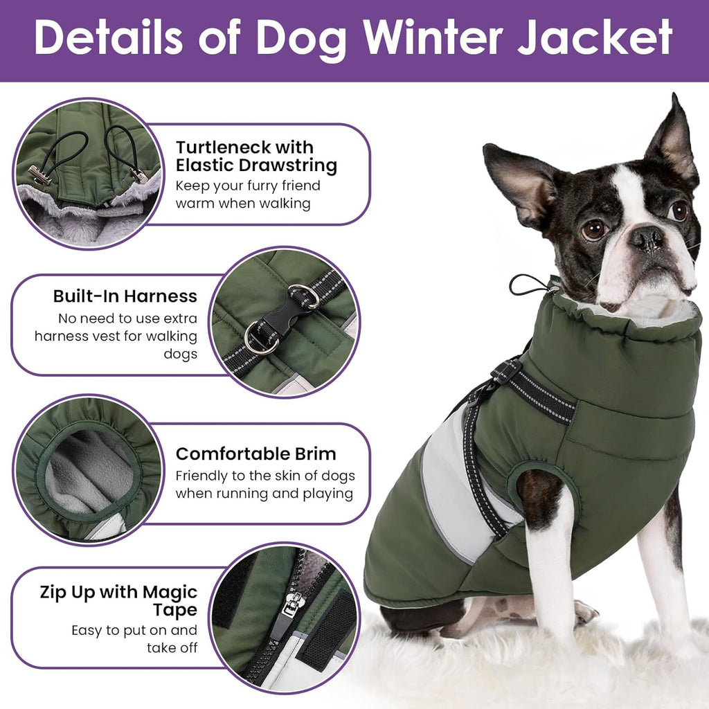SUNFURA Small Dog Coat with Harness Built in, Warm Dog Jacket Winter with Zipper On Back, Waterproof Pet Snow Jacket Snowsuit Pet Sweater Clothes for Puppy, Army Green XS