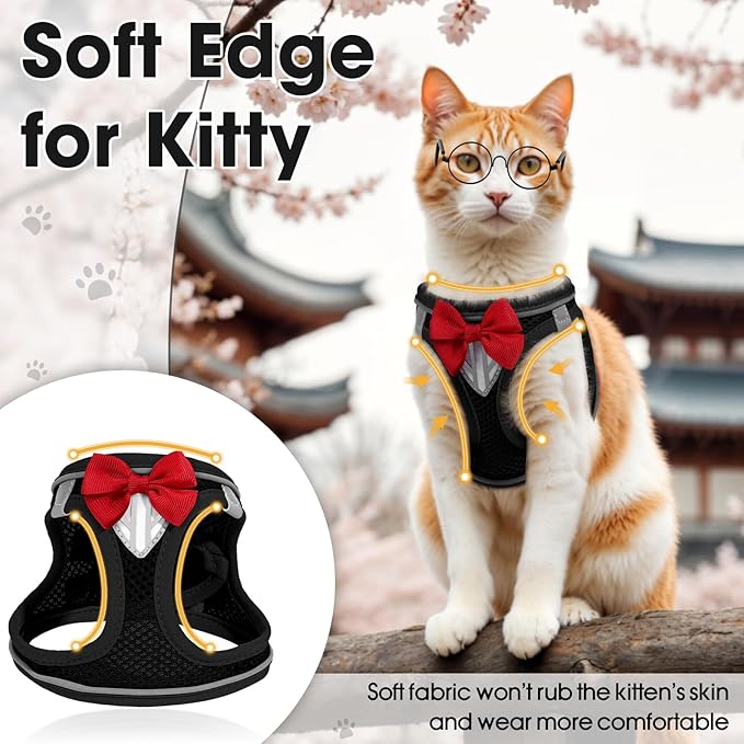 Cat Vest Harness and Leash Set for Walking Escape Proof, Adjustable Kitten Harness Breathable Mesh with Reflective Strips Harness for Kitty Puppy Bunny (Black,M)