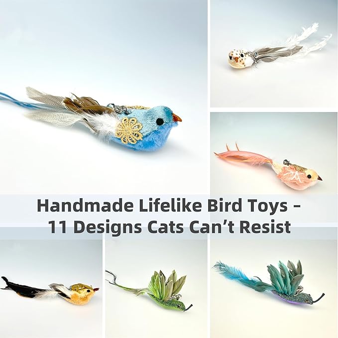 11PCS Realistic Bird Cat Toy Refills – Handmade Feather Cat Toys with Bell, Clip-on Cat Wand Attachments – Interactive Cat Toys for Indoor Cats, Refill Set for Wand Toy or Cute Home Décor