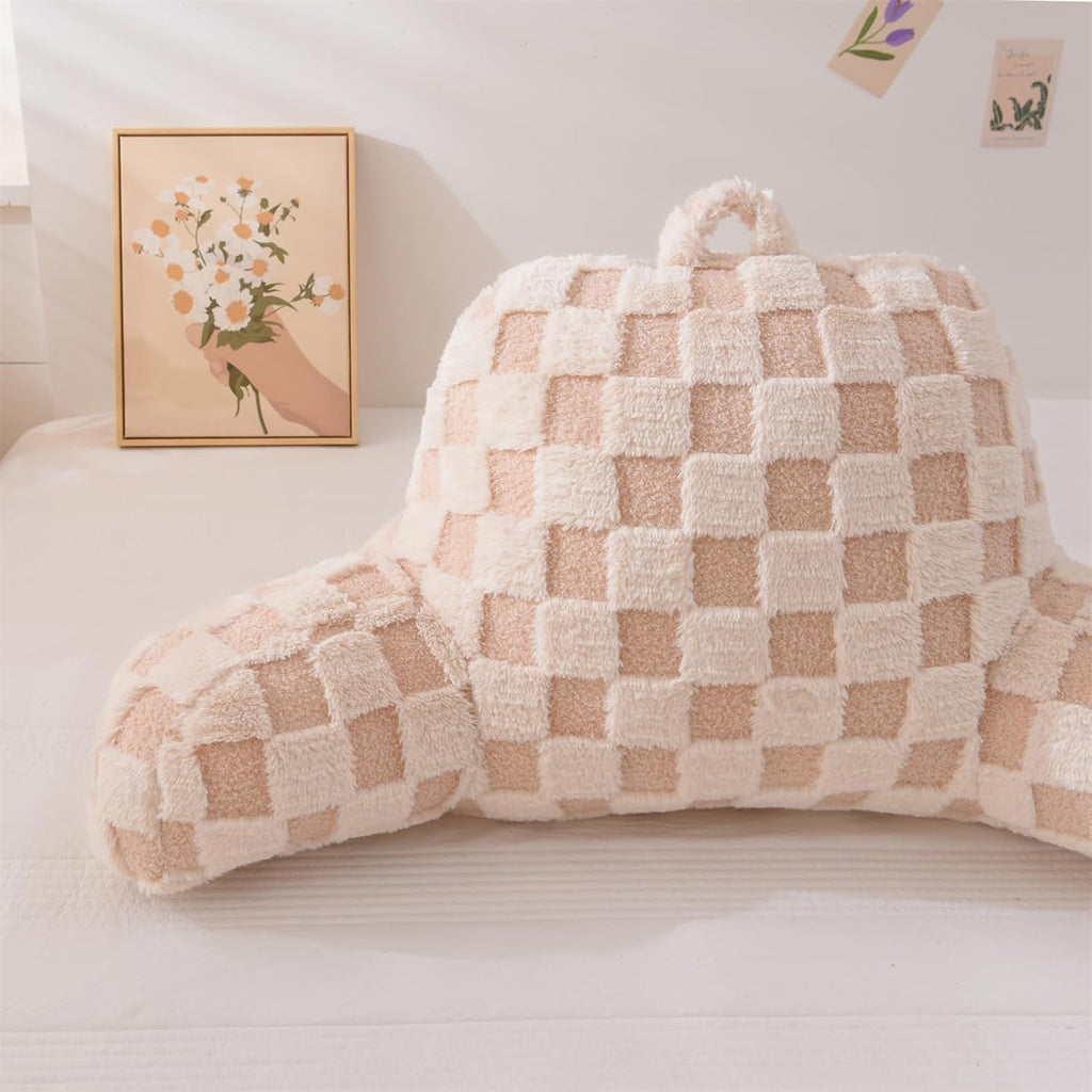 Aimuan Reading Pillow Checkered Bed Rest Wedge Backrest Checkerboard Pillow with Arms Back Support for Sitting Up in Bed Cushion Incline Rest Sleeping Snoring Pillow (Beige,Standard)