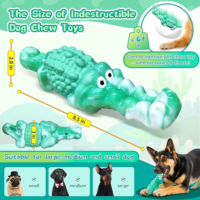 Dog Chew Toys for Aggressive Chewers: Tough Squeaky Alligator Toy for Small, Medium, Large Breed to Keep Them Busy & Clean Teeth and Reduce Boredom or Stress Relief