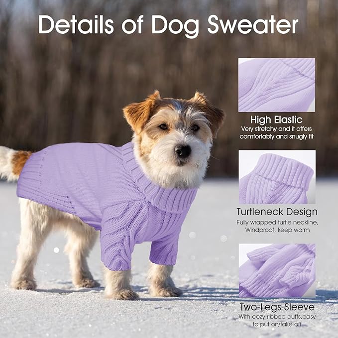 Dog Sweaters for Small Medium Large Dogs Girl, Classic Turtleneck Pet Sweater for Dogs, Thermal Doggy Winter Coat, Warm Dog Shirt Outfits, Double Knitting Collar for Outdoor Playing (Light Purple,2XL)