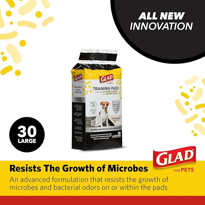 Glad for Pets Activated Carbon Anti-Microbial Dog Training Pads with Odor Eliminator - Ultra Absorbent Pee Pads for Dogs, Heavy Duty Indoor Pee Mats, Puppy Essentials, 23" x 23", 30 Count