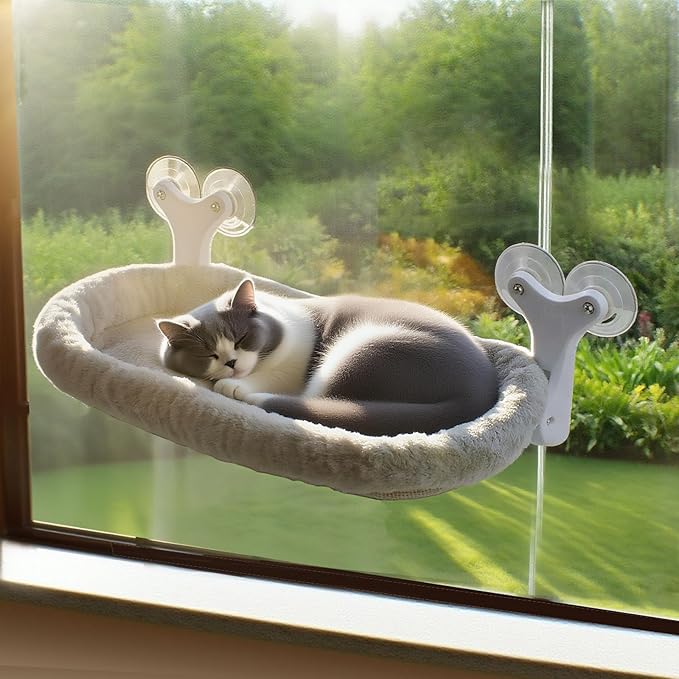 Cat Window Perch with 6 Strong Suction Cups,Mats That can be Switched Between Winter and Summer,Foldable Cordless Cat Beds Can Bear 50LBS Weight (White)