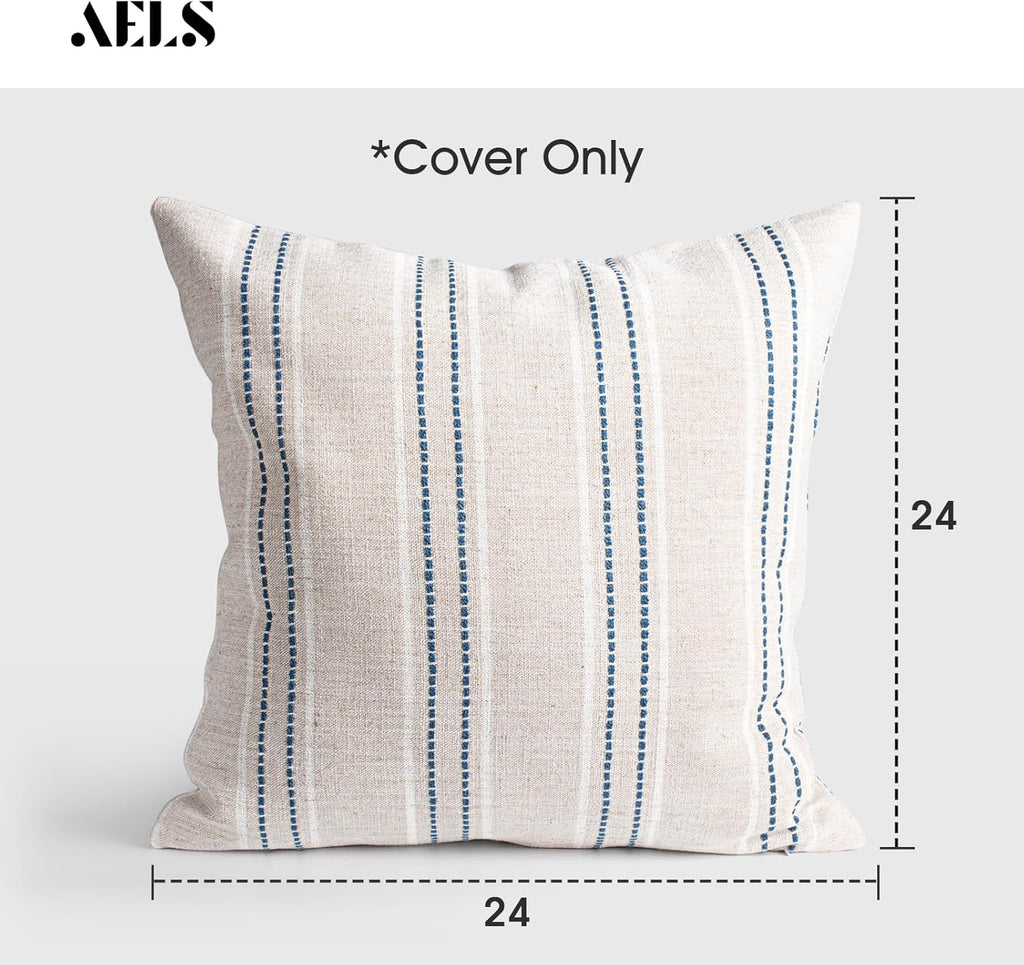 AELS 24x24 Decorative Farmhouse Linen Throw Pillow Covers, Boho Textured Pillow Case, Set of 2, Beige with White & Navy Blue Stitch Yarn Dyed Stripe Cushion Cover for Couch Living Room (Cover ONLY)