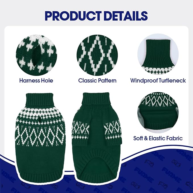 FUAMEY Winter Sweaters for Dogs Built-in Harness Hole, Thermal Dog Sweater Knit Cozy Pullovers, Warm Doggy Winter Clothes Turtle Neck, Thick Pet Outfits Medium Doggie Christmas (Green, M)