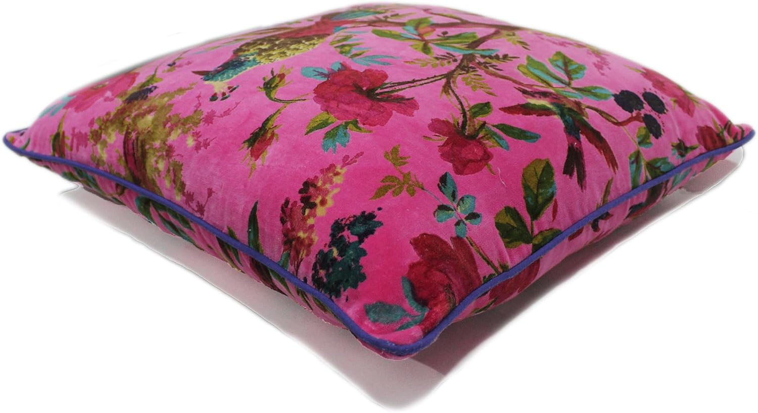 Eyes of India Velvet Floral Flower Bird Throw Pillow Sofa Cushion Cover Case Couch Colorful Boho Chic Bohemian Accent Indian Handmade (Pink, 24" x 24")