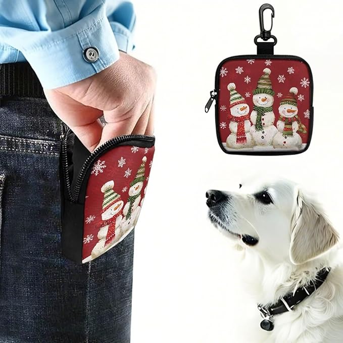 KEIAHUAN Christmas Snowman Zippered Dog Treat Pouch Red Pocket Sized Dog Training Treat Pouches Hands-Free Pet Feed Snack Reward Pocket for Training, Walking & Outdoor