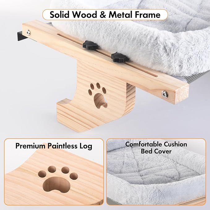 AMOSIJOY Cat Sill Window Perch Sturdy Hammock Window Seat with Cushion Cover, Wood & Metal Frame for Large Cats, Easy to Adjust Cat Bed for Windowsill, Bedside, Drawer and Cabinet (L)