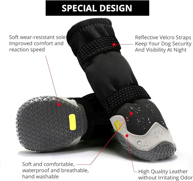 Dog Shoes for Hot Pavement Anti-Slip Dog Boots & Paw Protectors for Summer Rainy Day Dog Snow Boots Waterproof Dog Shoes for Small Medium Large Dogs with Reflective Straps for Hiking 4Pcs