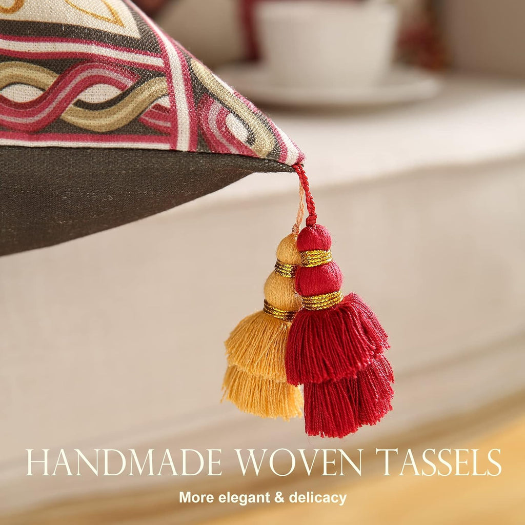 patdrea Designer Throw Pillow Cover 18"x18",Vintage Bird and Floral Pattern Linen Pillows Cover with Red and Yellow Pendant Charms,Square Decorative Pillowcases for Living Room Outdoor,Set of 2