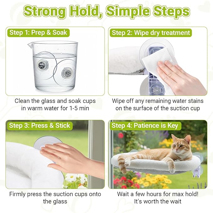 Cordless Cat Window Perch, Foldable Cats Hammock Window Bed with Metal Frame, Soft Cover, Large Suction Cups, Indoor Kitten Window Resting Seat, White