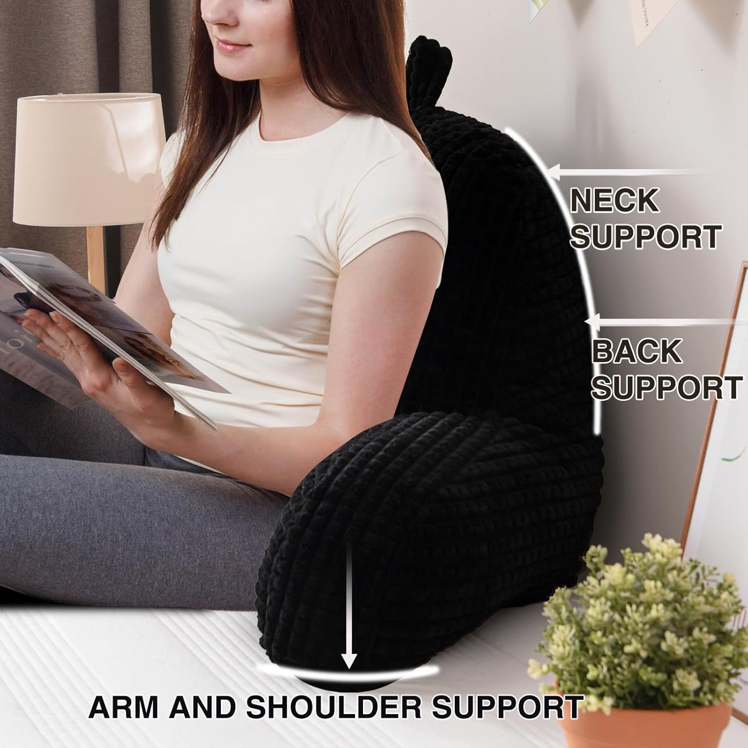 A Nice Night Reading Pillow Bed Wedge Large Adult Children Backrest with Arms Back Support for Sitting Up in Bed/Couch for Lounging Bedrest,Waffle Stereoscopic Design,Black
