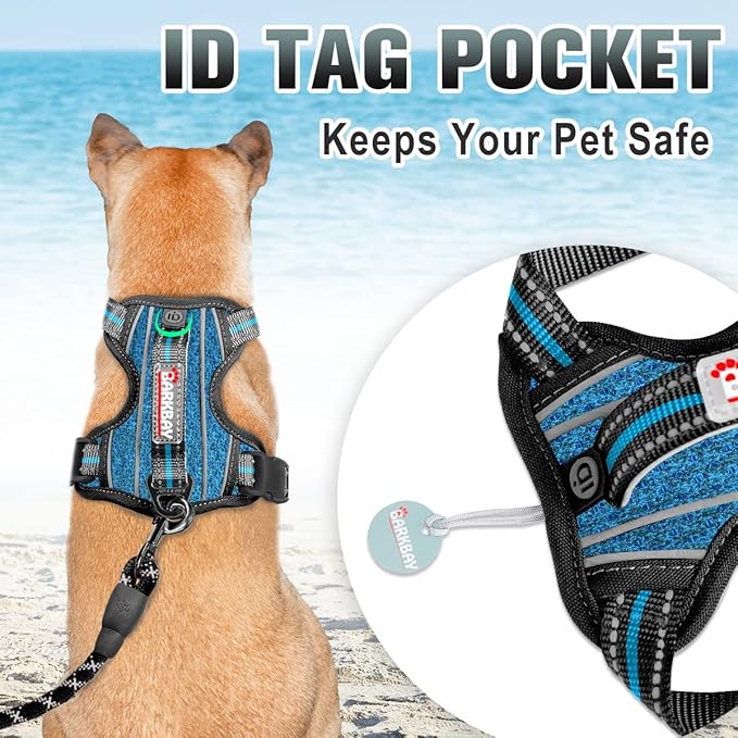 BARKBAY No Pull Dog Harness Large Reflective Dog Harness with Front Clip and Easy Control Handle for Walking Training Running with ID tag Pocket(Blue/Black,XL)