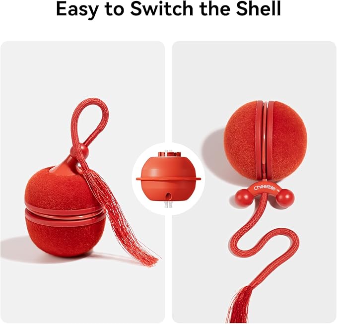 Cheerble 2 in 1 Interactive Cat Toys for Indoor Cats - Wicked Ball Duo2 Automatic Cat Toy, Dual Interchangeable Shells, Electric Cat Toy Ball with Chirping Sounds, Rechargeable Moving Kitten Toys, Red