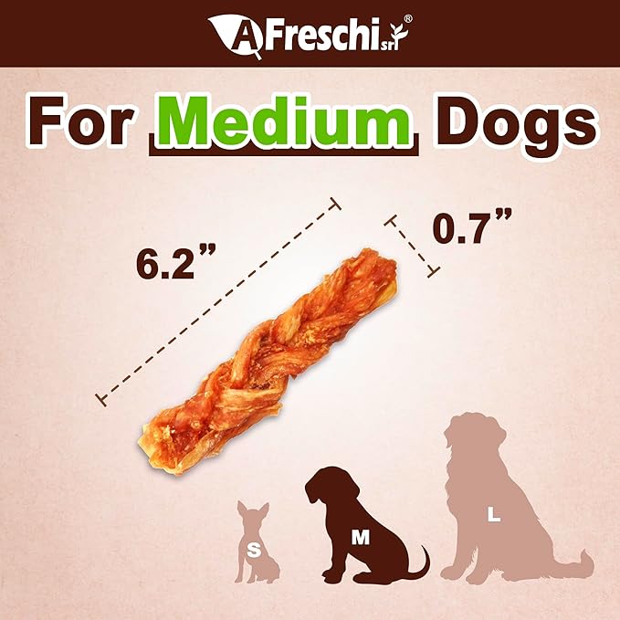 AFreschi Turkey Tendons for Dogs, USA-Sourced, Healthy Dog Treats, Rawhide-Free Puppy Chews, Long Lasting, All Natural, Hypoallergenic Dog Treats for Medium Breeds, 6 Count Pack Braid (M)
