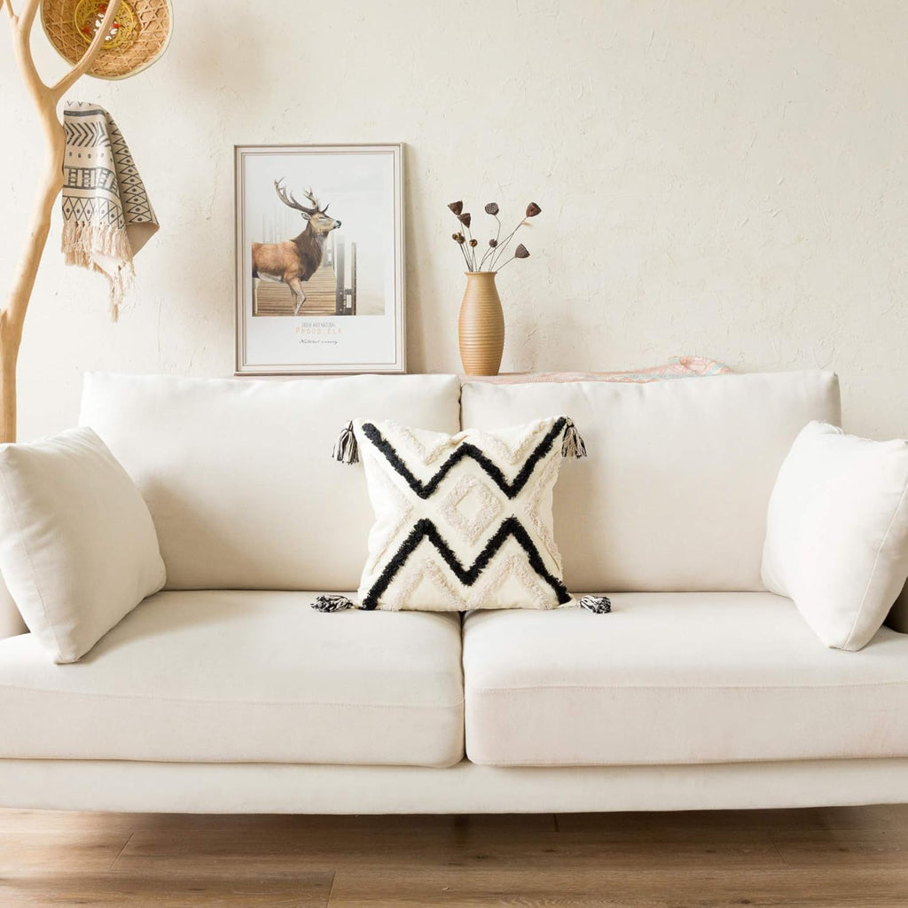 Woven Tufted Boho Throw Pillow Cover, Modern Decorative Geometric Chevron Striped Cushion with Tassels, Farmhouse Tribal Pillowcases for Couch Sofa Bedroom Living Room, 18 x 18 Inches, Black, Ivory