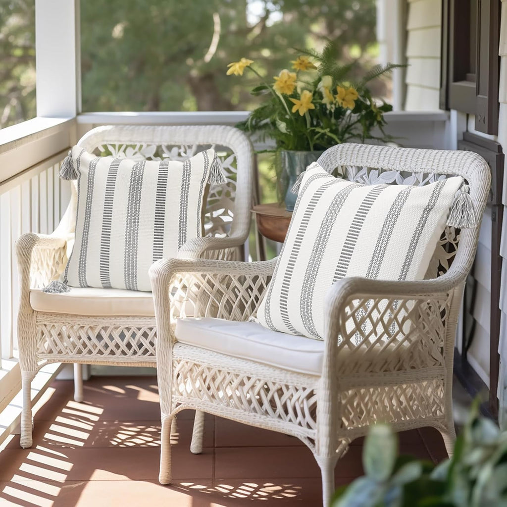 Smile Bee Boho Outdoor Couch Throw Pillow Covers Set of 2 Decorative Thick Woven Striped Accent Neutral Pillow Covers with Tassels for Bed Sofa Home Decor 18x18 Inch, Grey and Cream White