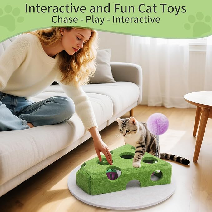 Interactive Felt Cat Toy Box for Indoor Cats,Puzzle Toy with 3 bell Balls & Spring Teaser Pet Games Self Play Fun Exercise Hide Seek Moving Cat Toy for Bored Cats Encourages Hunting Instincts (Green)