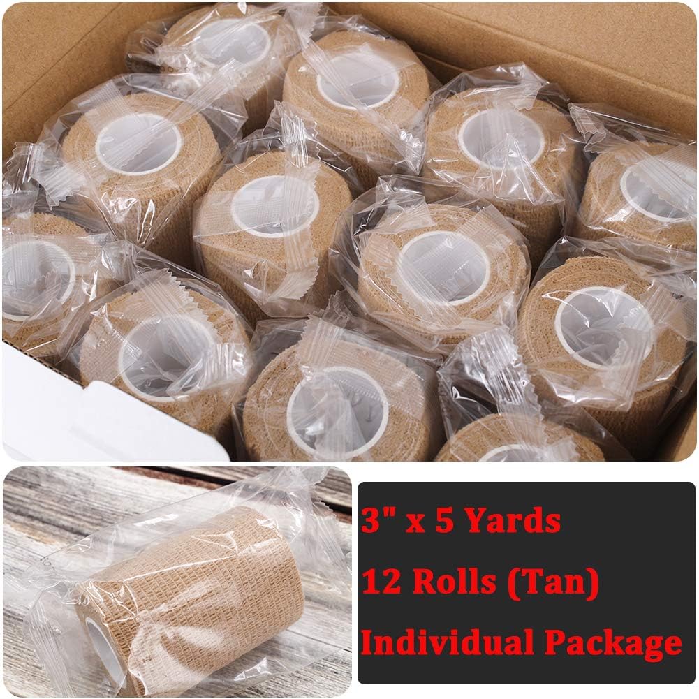 12 Rolls Elastic Self Adhesive Bandage Wrap 3 Inch, Breathable Non Woven Cohesive Bandage, Vet Wrap for Dogs, Ankle Sprains Swelling Medical First Aid Tape, Sports Athletic Tape Tan