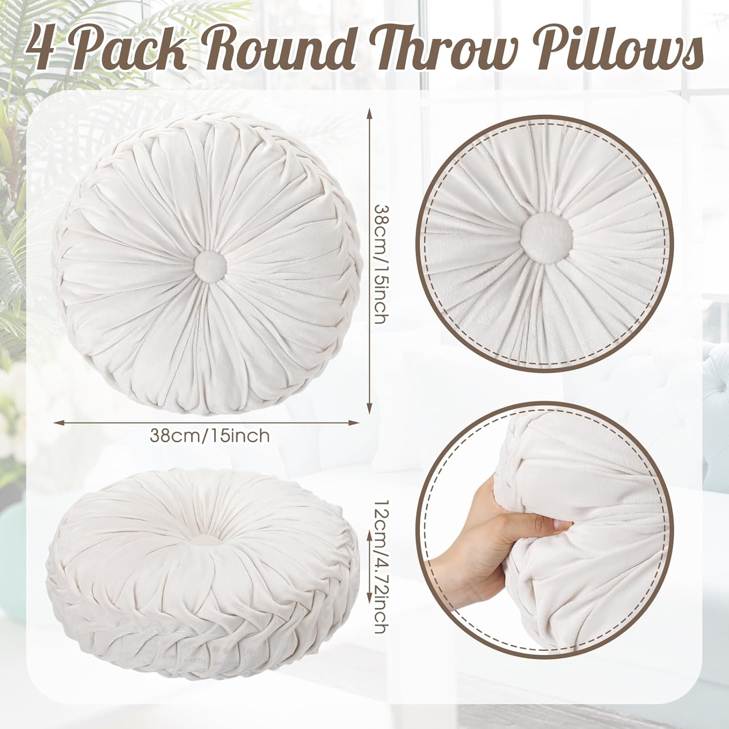 4 Pcs Round Throw Pillows 15 Inch Decorative Velvet Pleated Pumpkin Floor Boho Pillows for Living Room Couch Chair Bed Sofa (White)