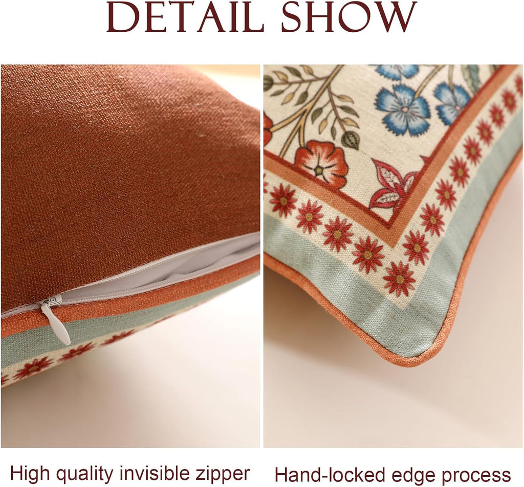 Blue Throw Pillow Covers,Cottage Rustic Farmhouse with Wild Flowers Pattern Linen Pillowcases,Decorative Square Pillows Cushion Cover for Couch Sofa Bed Chair Car,18x18 Inches