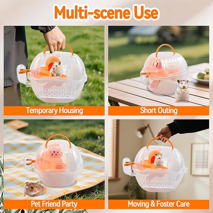 Carrier Cage for Hamster Portable,Lightweight Hamster Travel Carrier with Exercise Wheel Water Bottle,Plastic Small Rat Travel Cage Breathable Orange Outdoor Pet Case for Little Rats Mice